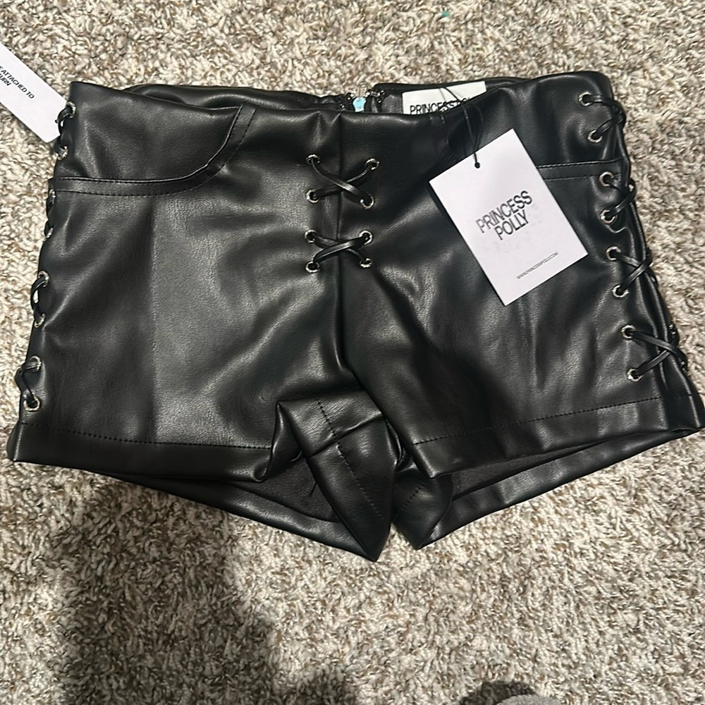 Princess Polly Black Faux Leather Lace-Up shorts
